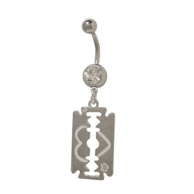 Surgical Steel 14 Gauge Belly Ring with Razor Blade and White Heart