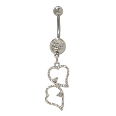 Surgical Steel 14 Gauge Belly Ring with Clear CZ Double Dangle Hearts