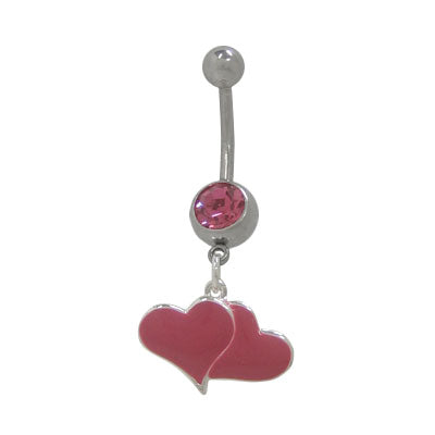 Surgical Steel 14 Gauge Belly Ring with Dangling Pink Enamel Heart