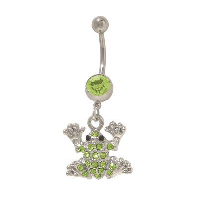 Surgical Steel 14 Gauge Belly Ring with Dangler Frog and CZ