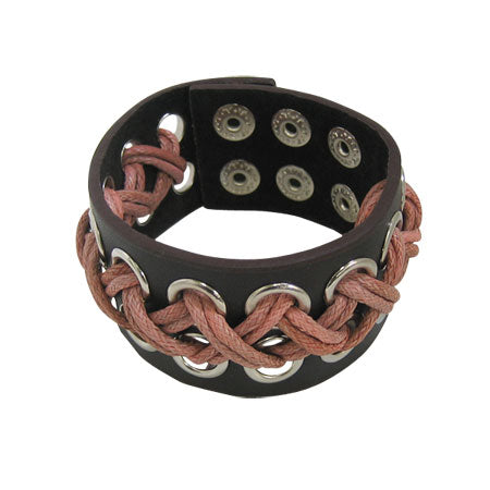 Brown Leather Bracelet with Metal Snaps Adjustable to 8.5 Inch