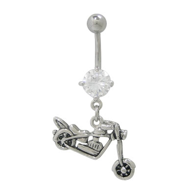 Surgical Steel 14 Gauge Belly Ring with Motorcycle Dangle and CZ