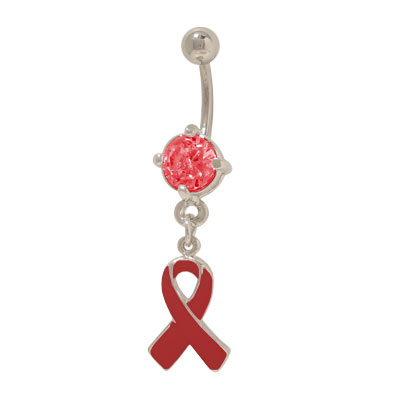 Surgical Steel 14 Gauge Red Ribbon Awareness Belly Ring with CZ