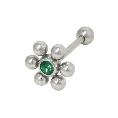 Surgical Steel 14 Gauge Tongue Barbell with Green Flower Jewels