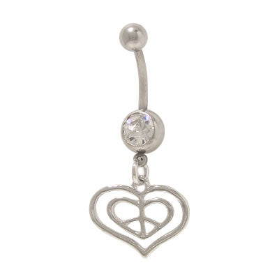 Surgical Steel 14 Gauge Belly Ring with Dangling Heart and Peace Sign