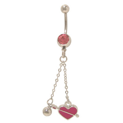Surgical Steel 14 Gauge Belly Ring with Dangling Pink Heart