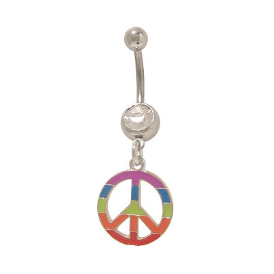 Surgical Steel 14 Gauge Belly Ring with Multi Color Peace Sign Dangle