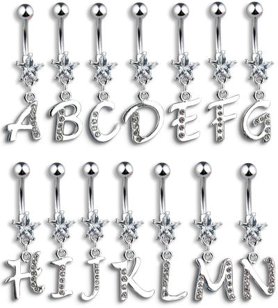 Surgical Steel 14 Gauge Belly Ring with Initial Dangler 3/8 Inch