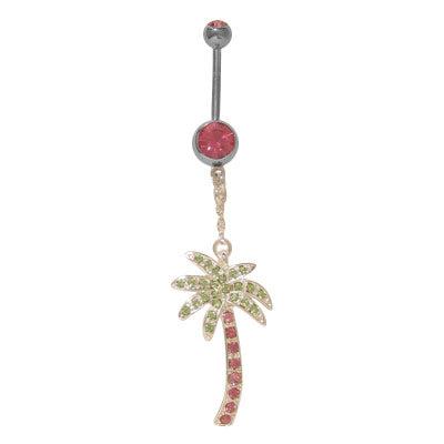 Surgical Steel 14 Gauge Belly Ring with Dangle Palm Tree & CZ