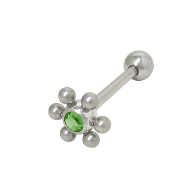 Surgical Steel 14 Gauge Tongue Barbell with Light Green Jeweled Flower