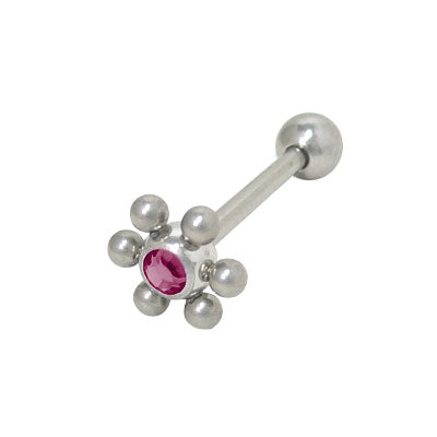 Surgical Steel 14 Gauge Tongue Barbell with Purple Flower Jewels