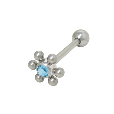Surgical Steel 14 Gauge Tongue Barbell with Light Blue Jeweled Flower
