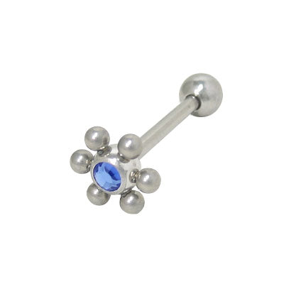 Surgical Steel 14 Gauge Tongue Barbell with Blue Jeweled Flower