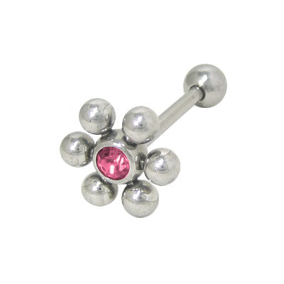 Surgical Steel 14 Gauge Tongue Barbell with Pink Jeweled Flower
