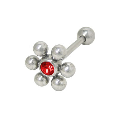 Surgical Steel 14 Gauge Tongue Barbell with Red Jeweled Flower