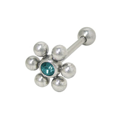 Surgical Steel 14 Gauge Tongue Barbell with Turquoise Jeweled Flower