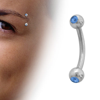 Surgical Steel 16 Gauge Curved Eyebrow Barbell with Double Blue Jewel