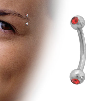 Surgical Steel 16 Gauge Curved Eyebrow Barbell with Double Red Jewel