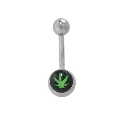 Surgical Steel 14 Gauge Belly Ring with Green Pot Leaf