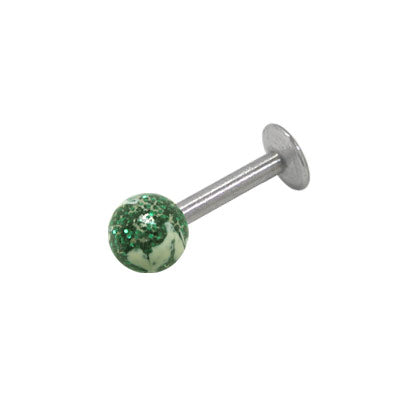 Surgical Steel 14 & 16 Gauge Labret Stud with Green Glitter Ball