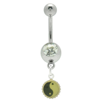 Surgical Steel 14 Gauge Belly Ring with Yin Yang Jeweled Dangle