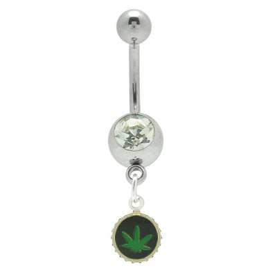 Surgical Steel 14 Gauge Jeweled Belly Ring with Pot Leaf Dangle