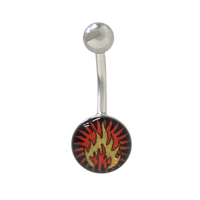 Surgical Steel 14 Gauge Belly Ring with Holographic Burning Flames