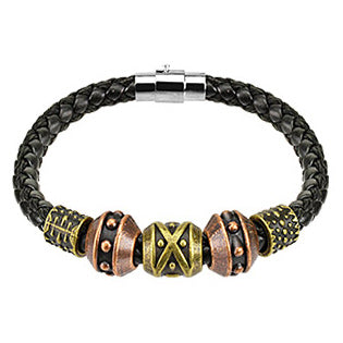 Black Leather Braid String Bracelet with Steel Tribal Beads