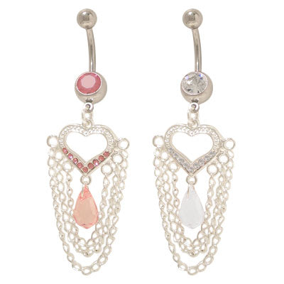 Surgical Steel 14 Gauge Belly Ring with Dangle Heart & Chains