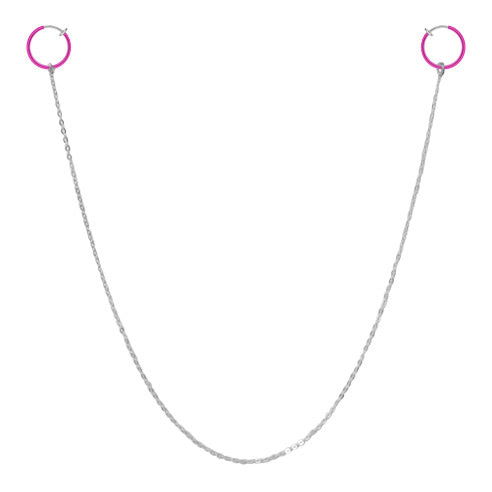 Non-Piercing Nipple Chain with Fuchsia Spring Hoops - 13 Inch