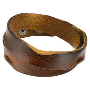Surgical Steel Bracelet with Brown Leather Double Wrap