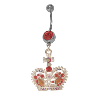 Surgical Steel 14 Gauge Belly Ring with Dangle Crown & Red CZ