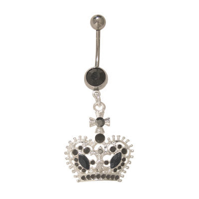 Surgical Steel 14 Gauge Belly Ring with Dangle Crown & Black CZ