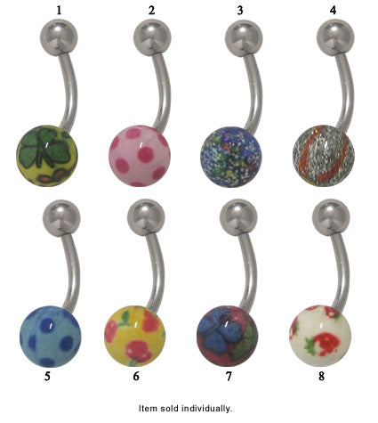 Surgical Steel 14 Gauge Belly Ring with Painted Marble Ball