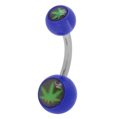 Surgical Steel 14 Gauge Belly Ring with Pot Leaf & Dark Blue Beads