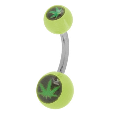 Surgical Steel 14 Gauge Belly Ring with Pot Leaf and Green Beads