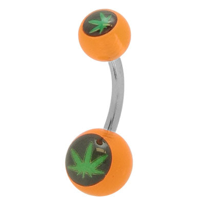 Surgical Steel 14 Gauge Belly Ring with Pot Leaf and Orange Beads