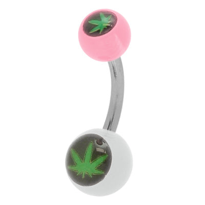 Surgical Steel 14 Gauge Belly Ring with Pot Leaf and Pink Beads