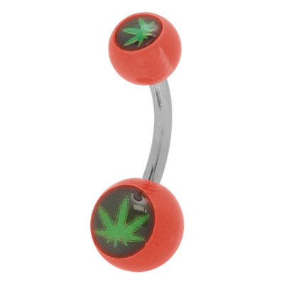 Surgical Steel 14 Gauge Belly Ring with Pot Leaf and Red Beads