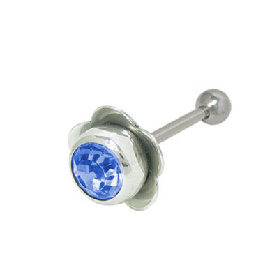 Surgical Steel 14 Gauge Tongue Barbell with Blue Jewel Flower