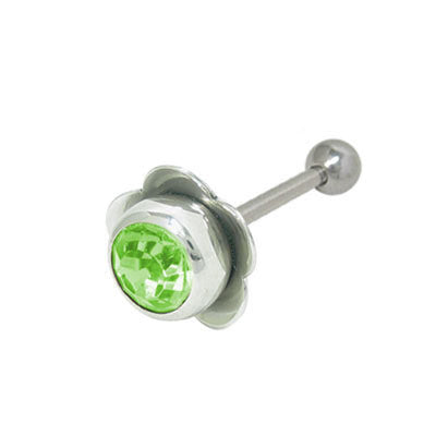 Surgical Steel 14 Gauge Tongue Barbell with Green Jewel Flower