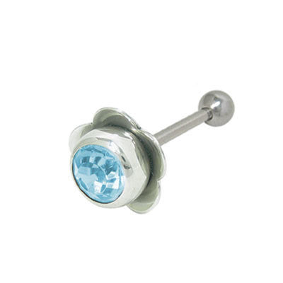 Surgical Steel 14 Gauge Tongue Barbell with Light Blue Jewel Flower