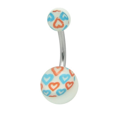 Surgical Steel 14 Gauge Belly Ring with Acrylic Blue & Red Hearts