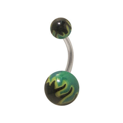 Surgical Steel 14 Gauge Belly Ring with Acrylic Black & Green Flames