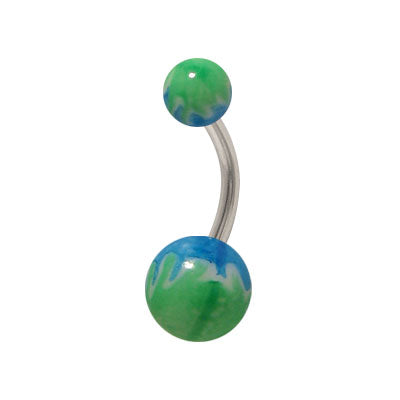 Surgical Steel 14 Gauge Belly Ring with Acrylic Green & Blue Flames