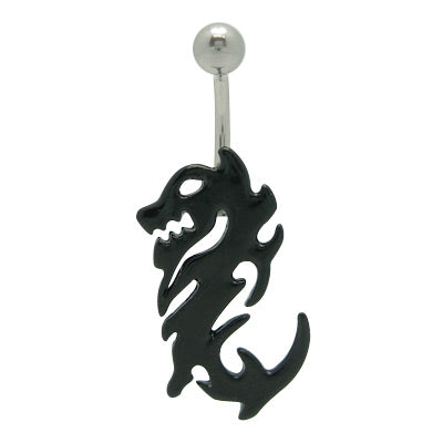 Surgical Steel 14 Gauge Belly Ring with Black Chinese Dragon