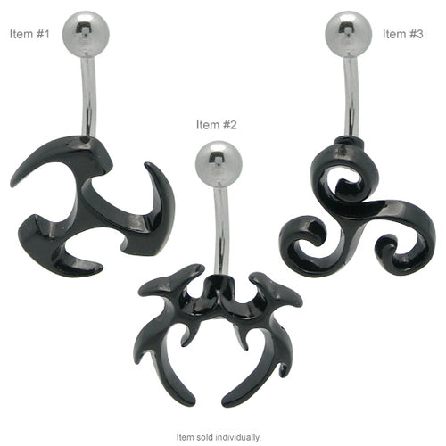 Acrylic 14 Gauge Belly Ring with Black Tribal Symbols