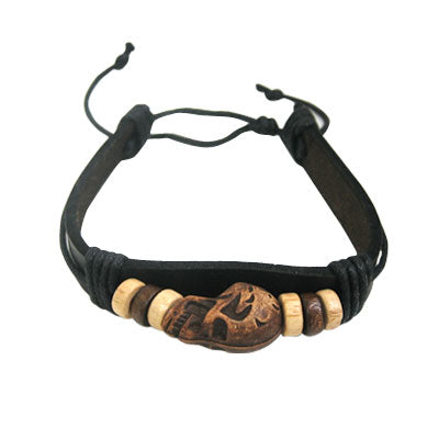 Black Leather Bracelet with Brown Skull and Black Rope