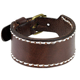 Surgical Steel Bracelet with Brown Leather Stitched Border