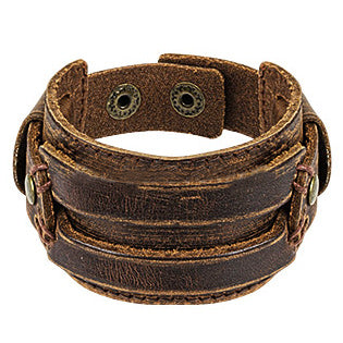 Surgical Steel Bracelet with Brown Leather Stitched Rectangle